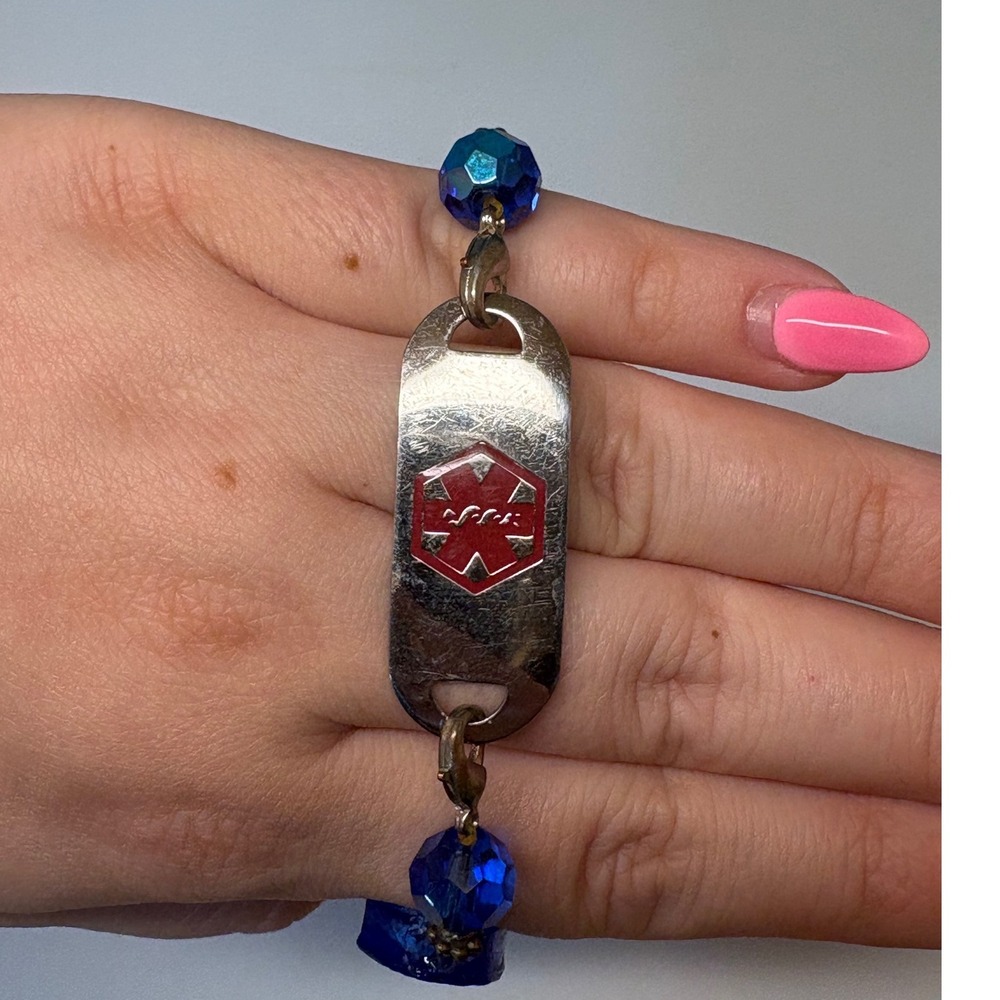 Heart Patient Medical Alert Bracelet‎ Blue Glass Beaded Lampwork Floral ID